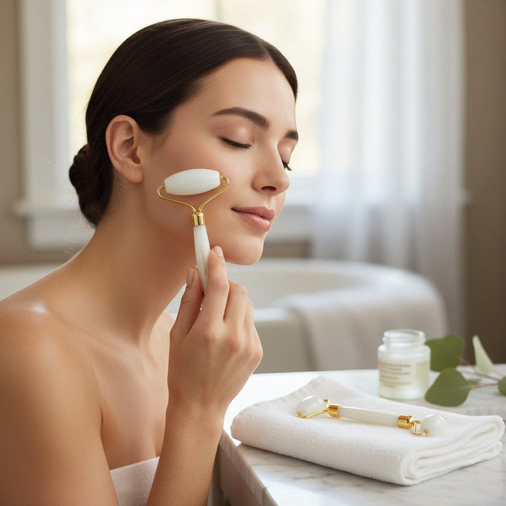 Psychic Sisters opalite facial roller being used by a woman to massage her cheek in a bright, serene bathroom setting.