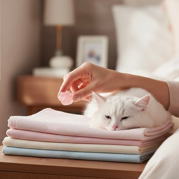 Psychic Sisters paw print rose quartz crystal held over a white cat resting on a stack of soft pastel blankets