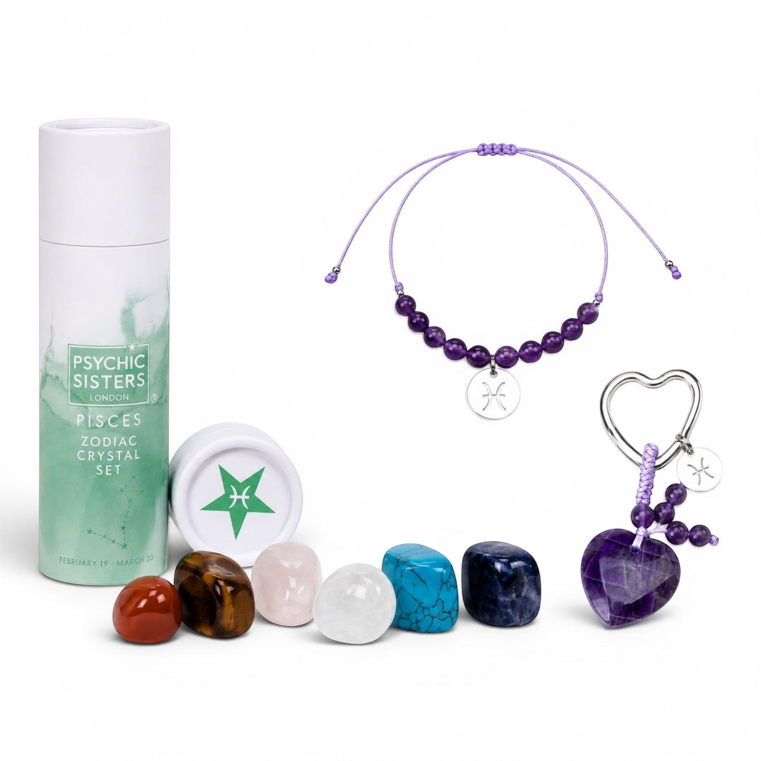 Psychic Sisters Pisces zodiac gift set with six crystals, a purple beaded bracelet, and a heart-shaped keyring.