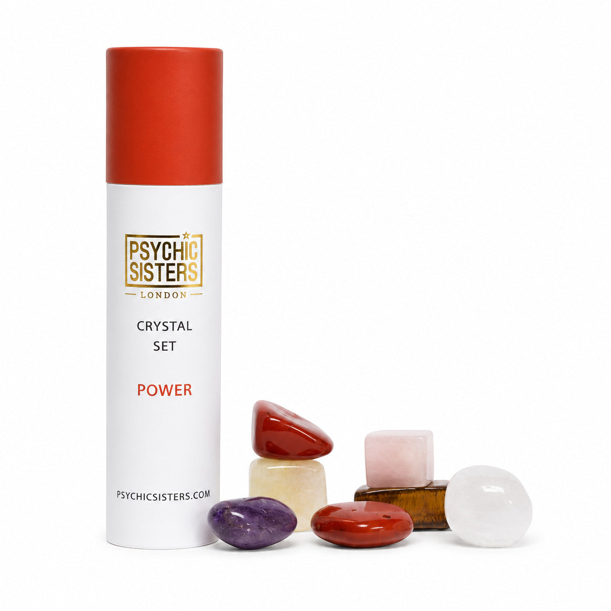 Psychic Sisters Power crystal set featuring seven assorted polished gemstones and a branded recycled cardboard tube.