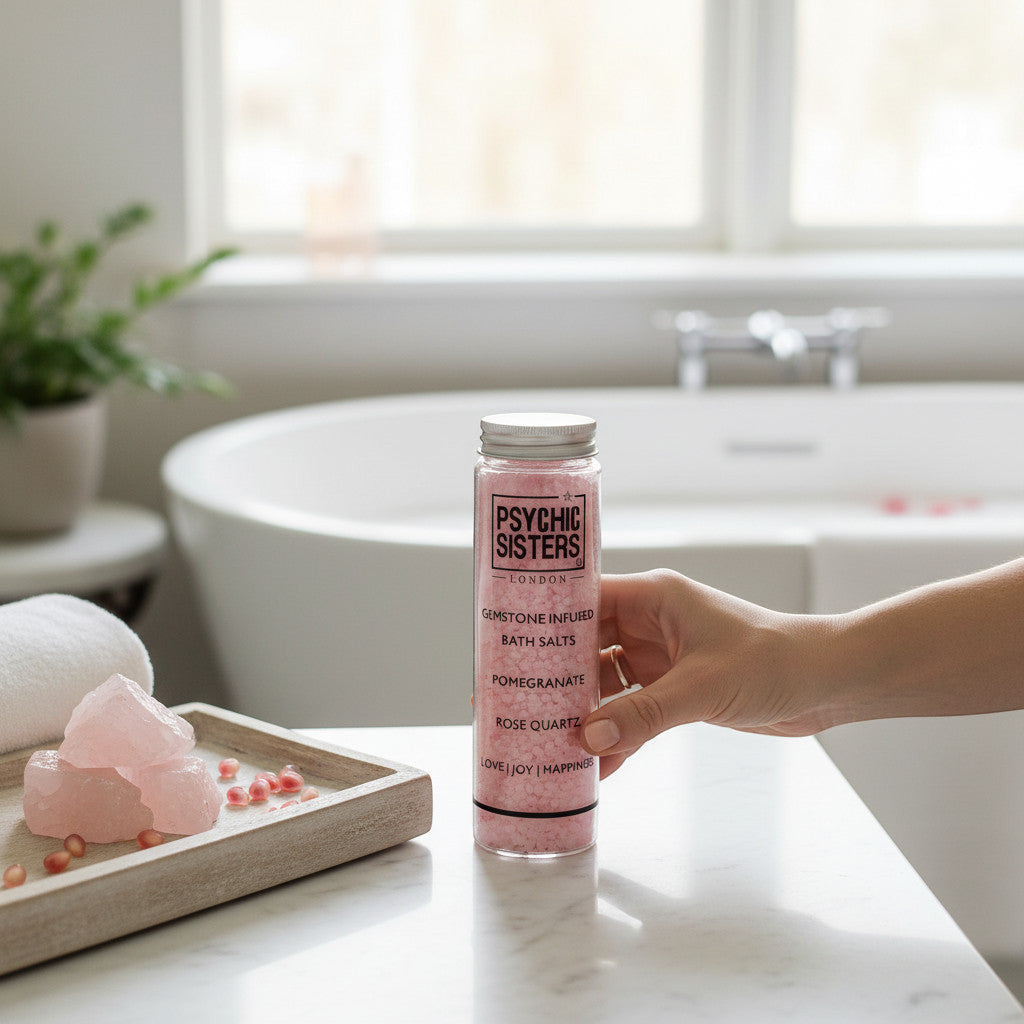 Psychic Sisters Rose Quartz and Pomegranate gemstone infused bath salt shot in a glass bottle held in a bathroom.