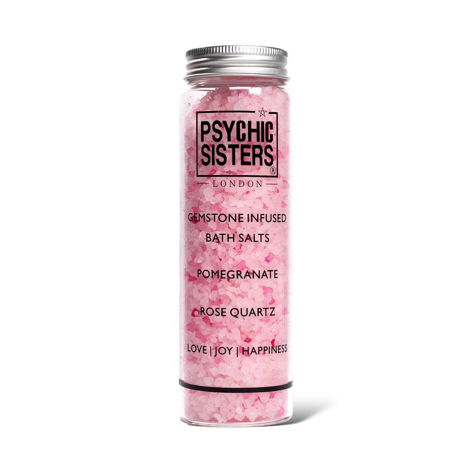 Psychic Sisters Rose Quartz and pomegranate gemstone infused bath salts in a clear glass bottle with silver lid.