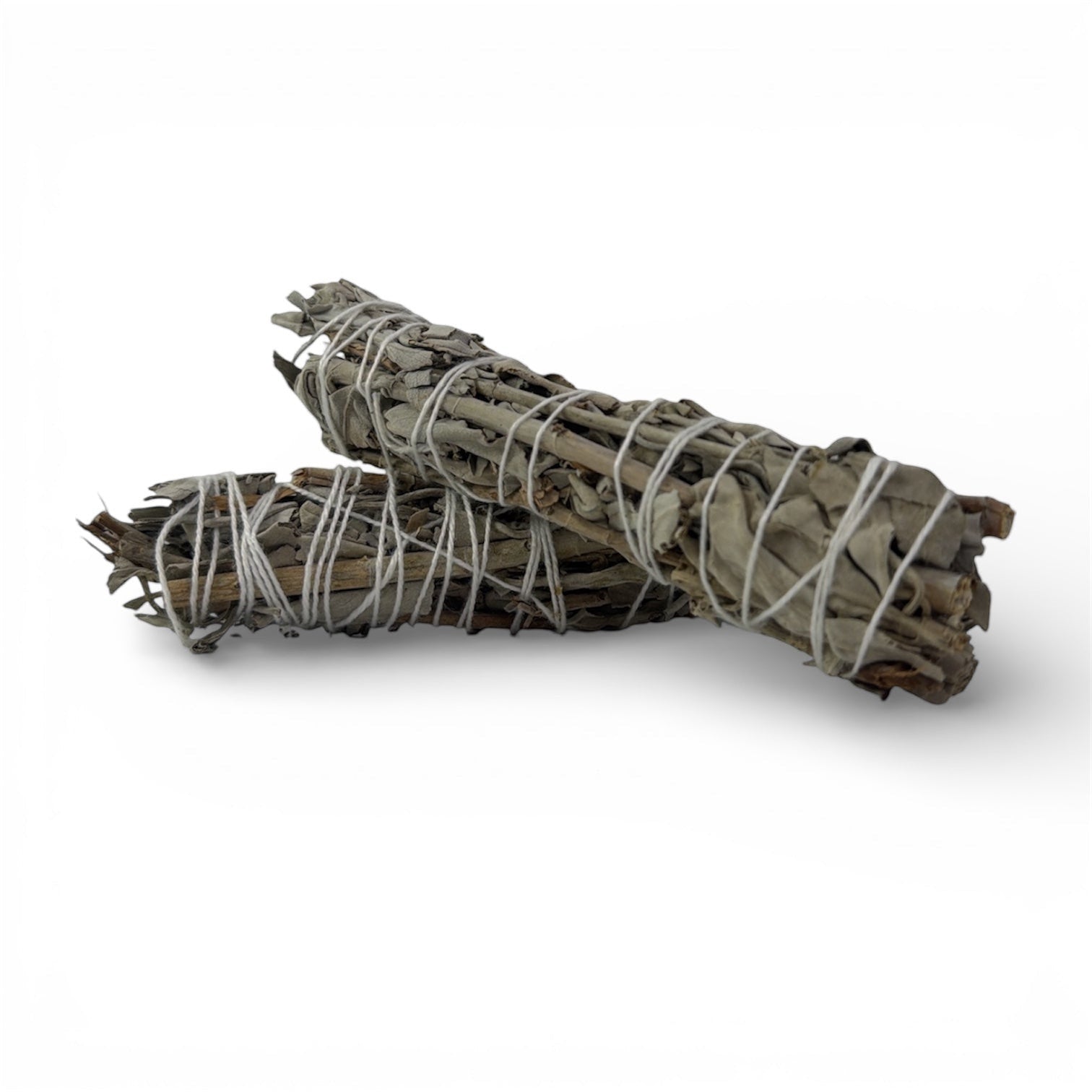 Psychic Sisters sage bundle featuring two natural dried sage sticks tied with white string for energy cleansing.