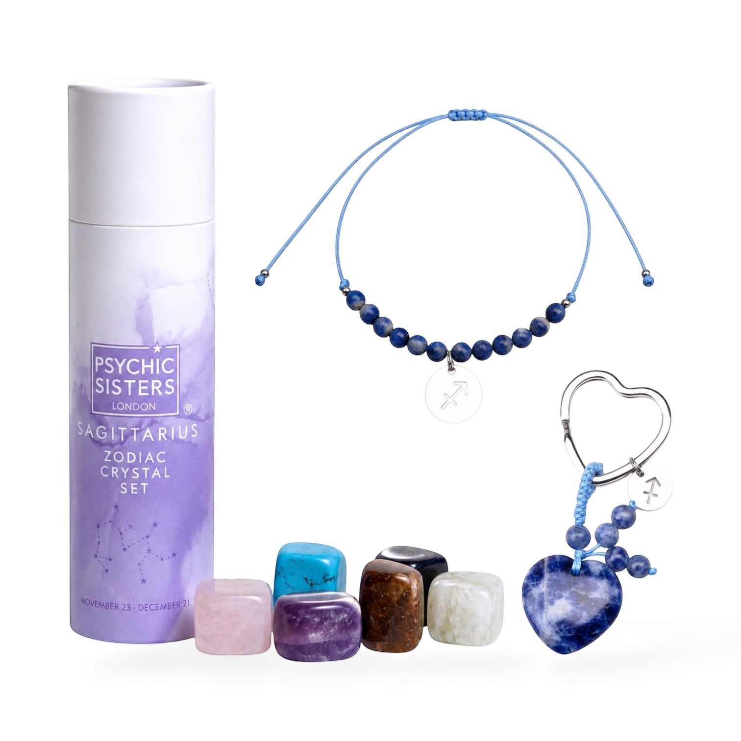 Psychic Sisters Sagittarius zodiac gift set with crystal stones, blue beaded bracelet, and heart-shaped keyring