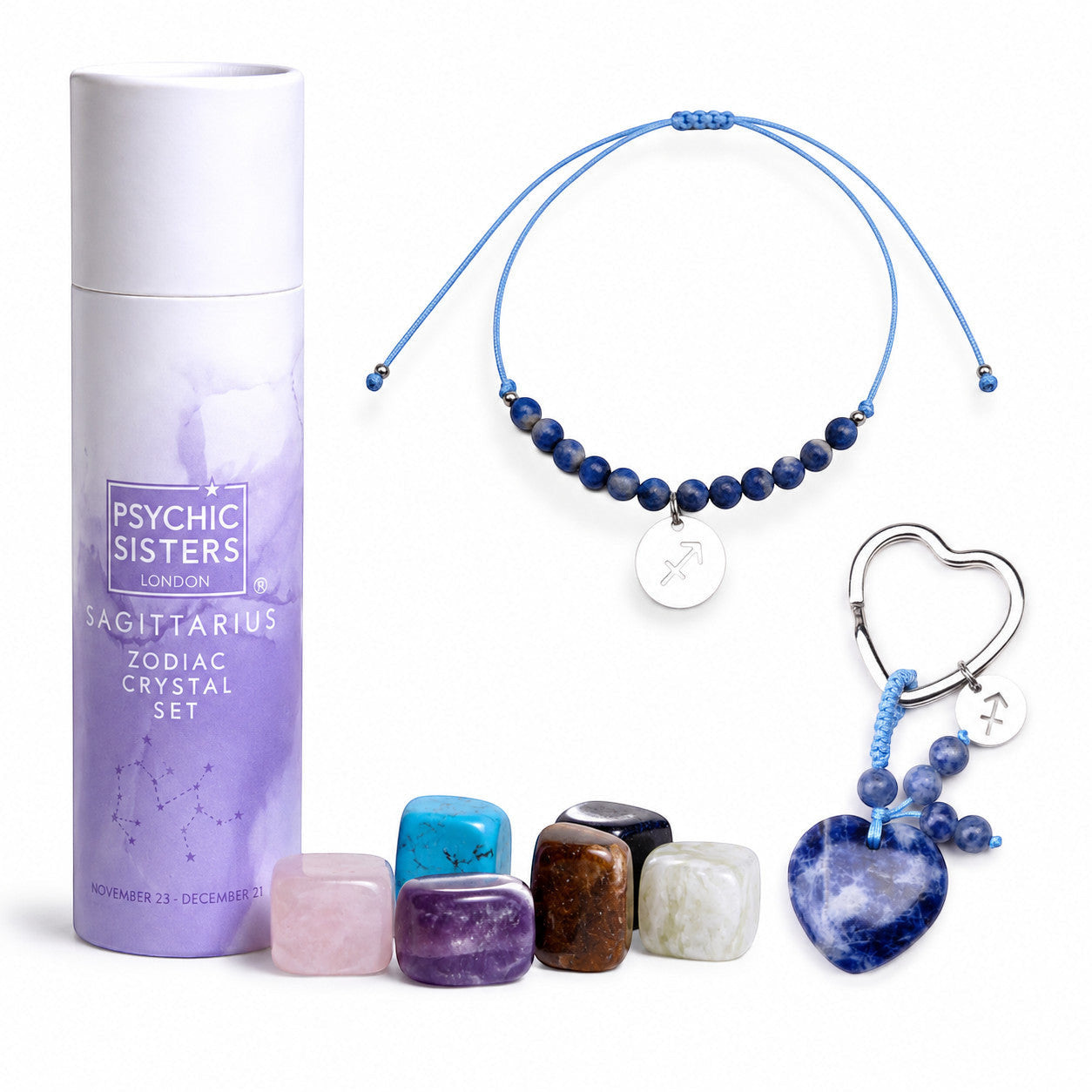 Psychic Sisters Sagittarius zodiac gift set with crystal collection, beaded bracelet, and heart-shaped keyring.