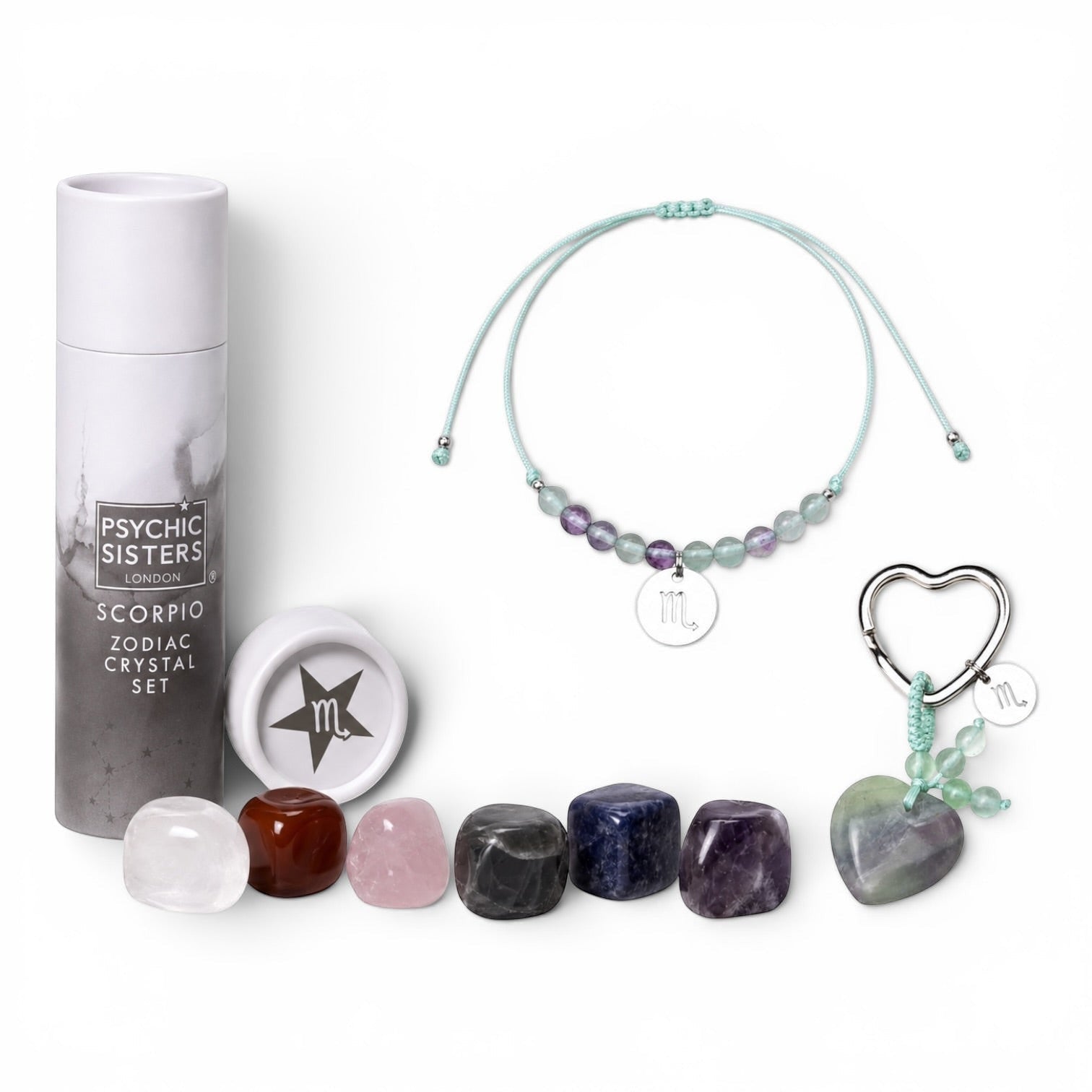 Psychic Sisters Scorpio zodiac gift set with crystal stones, matching bracelet, and heart-shaped keyring in tube