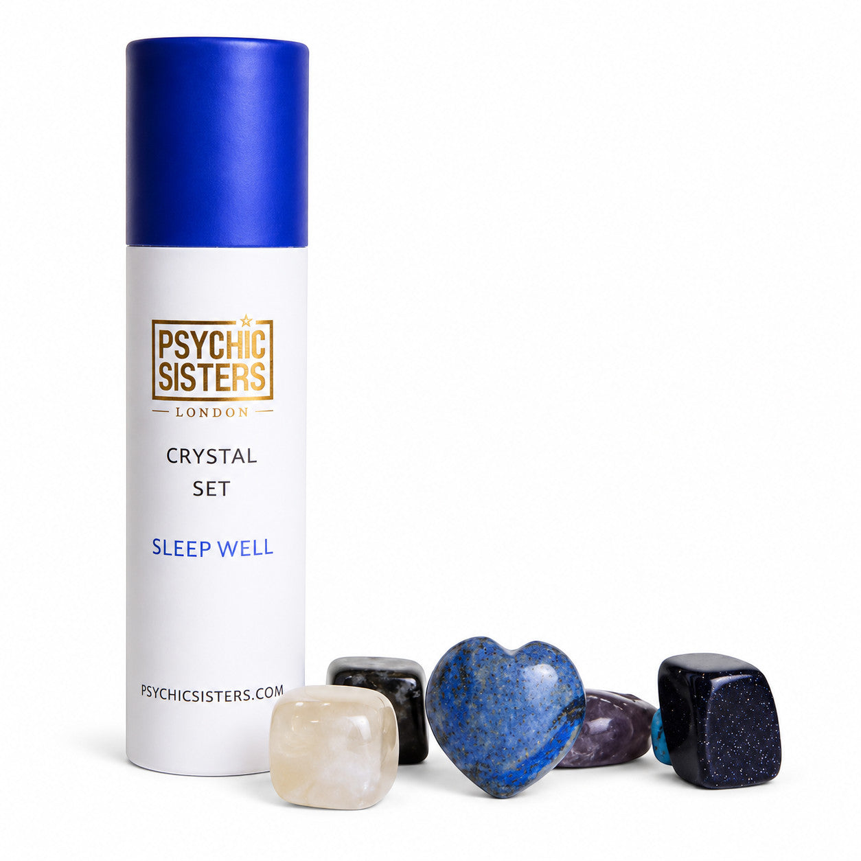 Psychic Sisters Sleep Well crystal set with seven tumbled stones and a blue and white recycled cardboard tube.