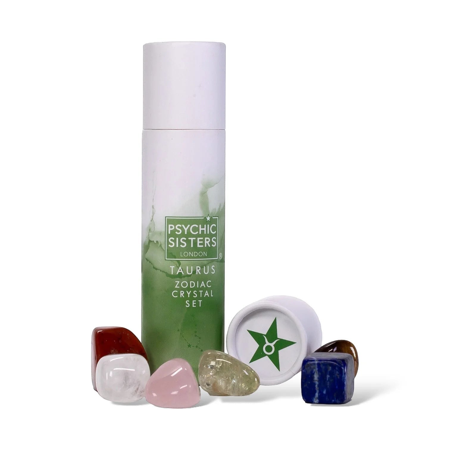 Psychic Sisters Taurus zodiac crystal set with six tumbled gemstones and a green branded recycled cardboard tube.