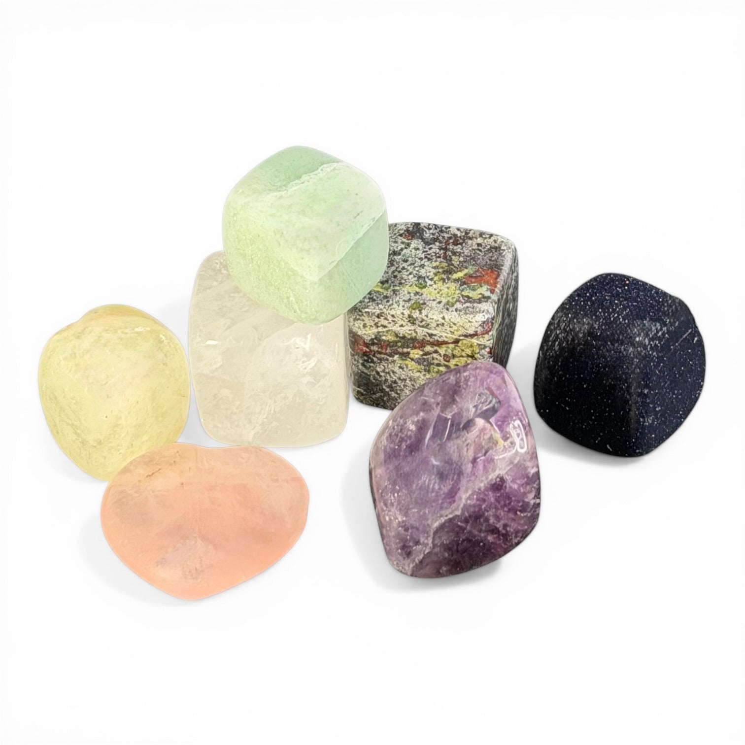 Psychic Sisters crystal set featuring seven assorted tumbled gemstones for meditation and intention setting