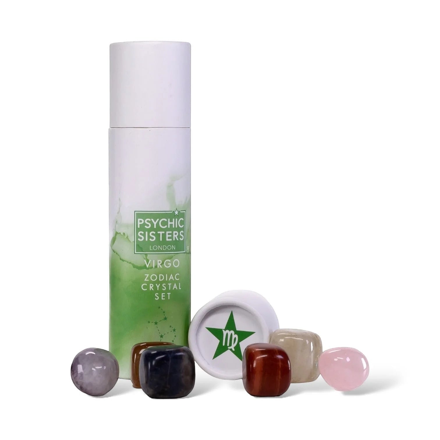 Psychic Sisters Virgo zodiac crystal set with six tumbled gemstones and a branded recycled cardboard gift tube.