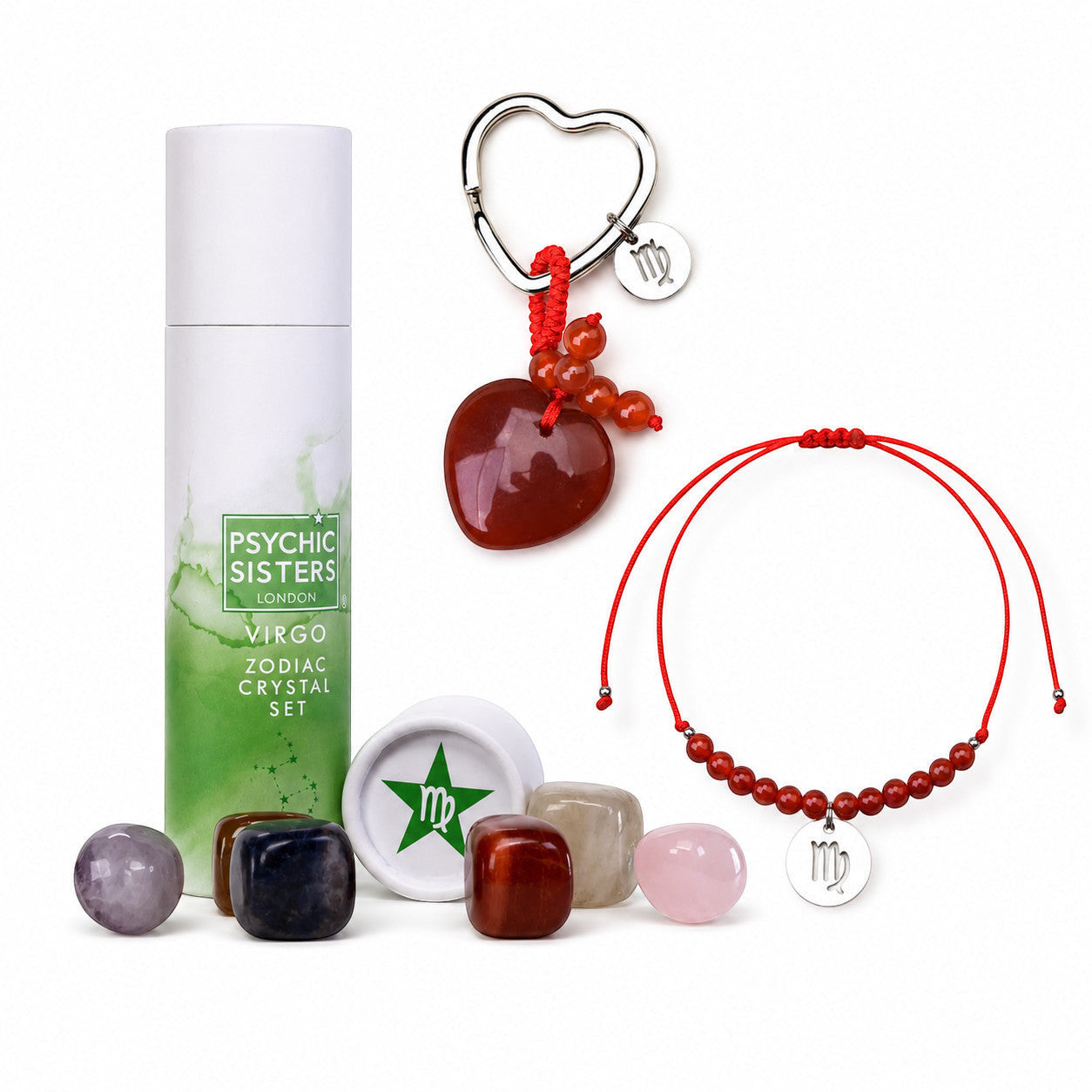 Psychic Sisters Virgo zodiac crystal gift set with six tumbled stones, heart keyring, and beaded charm bracelet.