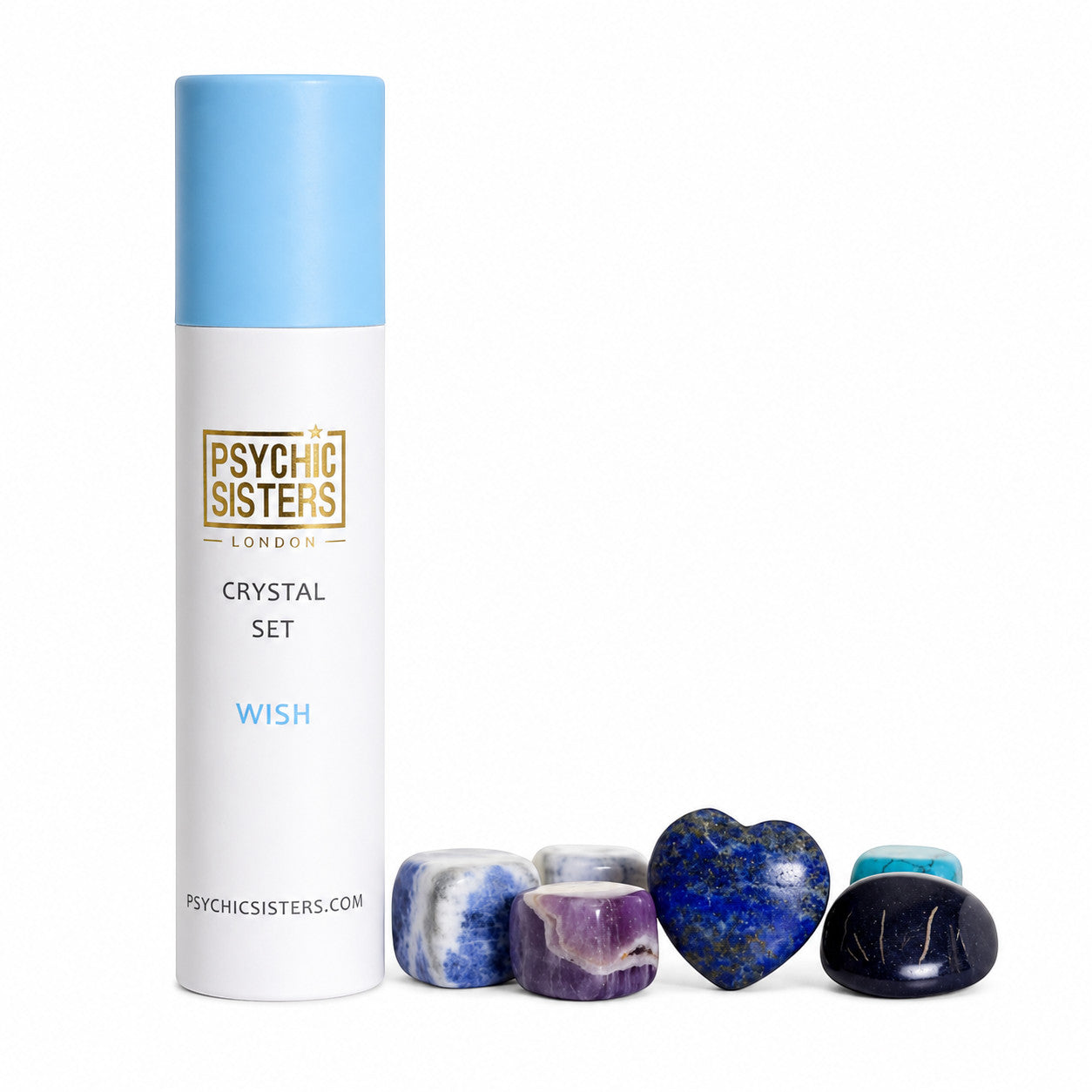 Psychic Sisters Wish crystal set featuring seven assorted polished gemstones and a white recycled cardboard tube.